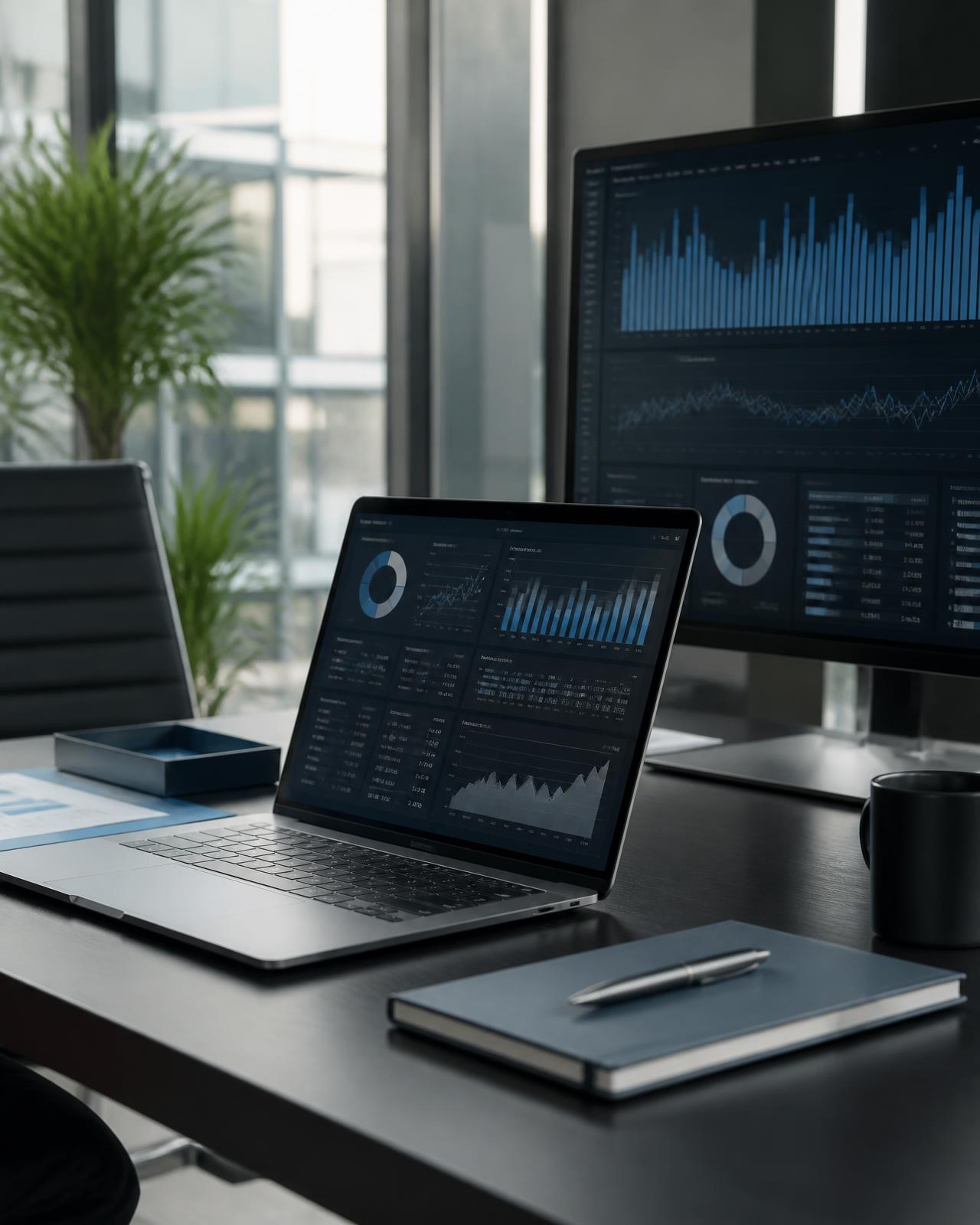 Professional marketing analytics workspace with performance dashboards